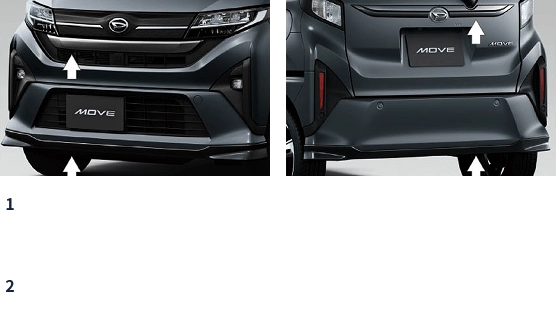 1 アッパーガーニッシュパック(ダークブラックメッキ)［フロントバンパーガーニッシュ〈ダークブラックメッキ〉+バックドアガーニッシュ〈ダークブラックメッキ〉］・2 エアロパック(ブラック)［フロントロアスカート〈ブラック〉+リヤロアスカート〈ブラック〉］