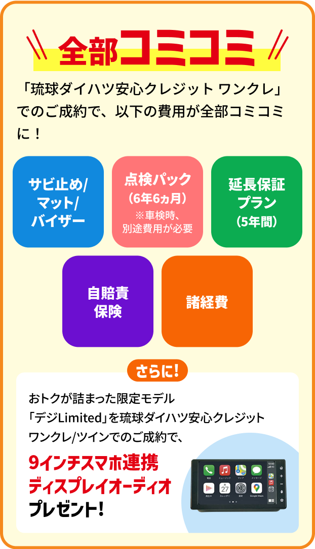 全部コミコミ「琉球ダイハツ安心クレジット ワンクレ」でのご成約で、以下の費用が全部コミコミに！ サビ止め/マット/バイザー 点検パック(6年6ヵ月)※車検時、別途費用が必要 延長保証プラン(5年間) 自賠責保険 諸経費 さらに！おトクが詰まった限定モデル「デジLimited」を琉球ダイハツ安心クレジット ワンクレ/ツインでのご成約で、9インチスマホ連携ディスプレイオーディオプレゼント！